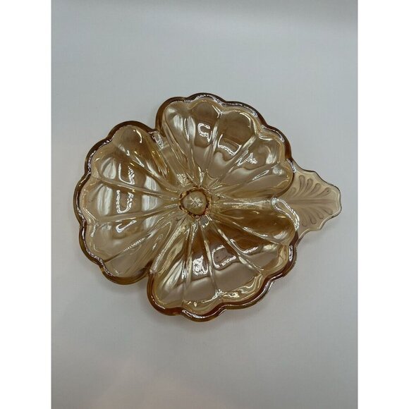 CARNIVAL Glass Marigold Clover Leaf Candy Nut Dish Iridescent Divided VINTAGE - Picture 4 of 7